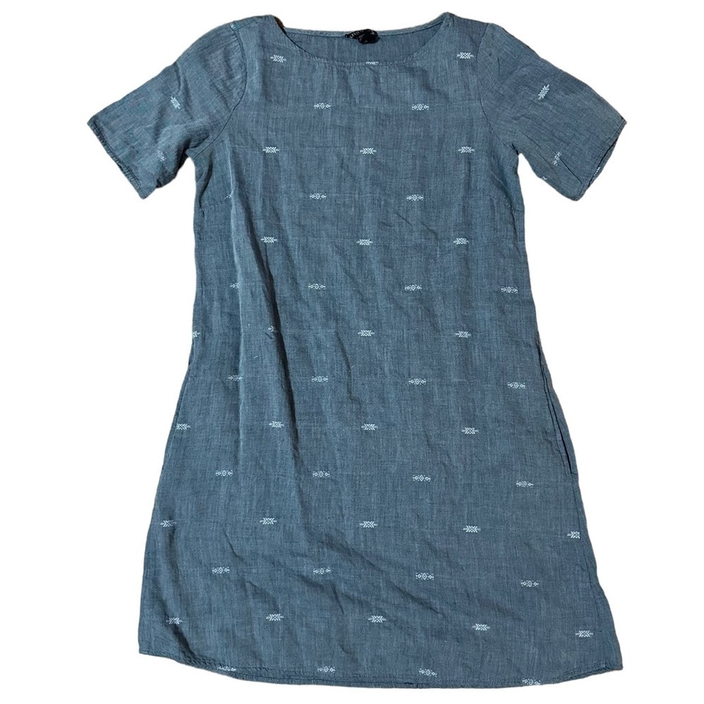 EILEEN FISHER Denim Blue Cotton Nomadic Stripe A-Line Boat Neck Dress Size PP
